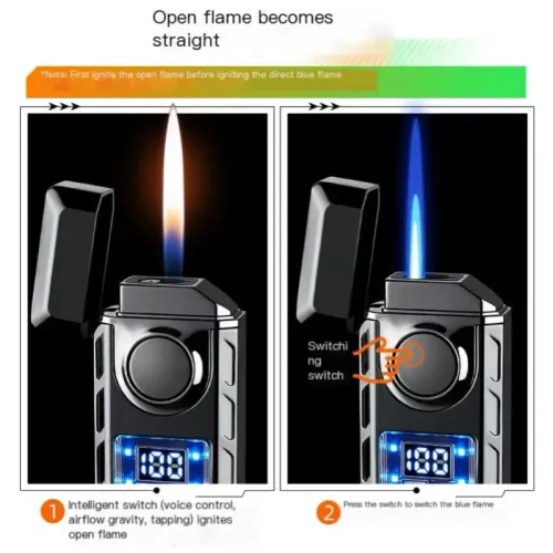 Voice-activated dual-flame refillable windproof lighter with intelligent sensor ignition