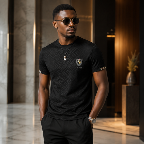 Black short-sleeve  ice silk  top featuring a gold logo, crew neck, and letter print.