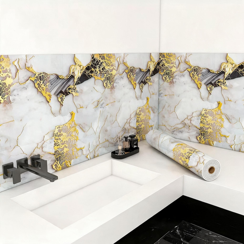 60×300cm Waterproof and Oil-Proof Gold-Vein Marble Pattern Floor Sticker