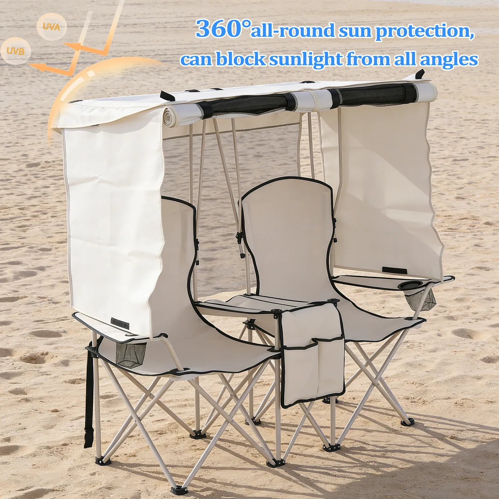 Folding Camping Two-Person Seat 330 Lbs Load Outdoor Sun Lounger with Cup Holder Cooler Bag for Beach Fishing Camp Sports Event
