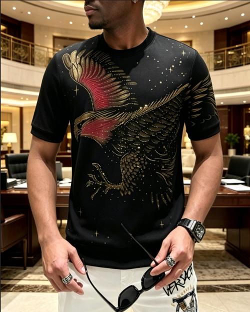 Premium Gold Metallic Eagle Print Men's Top