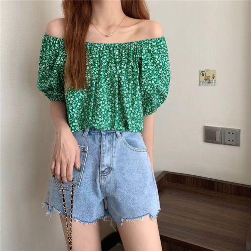 Floral Print One-Shoulder Short-Sleeve Women's Shirt Sexy Clavicle Exposure Design Sensual Summer New Style Bangkok Style