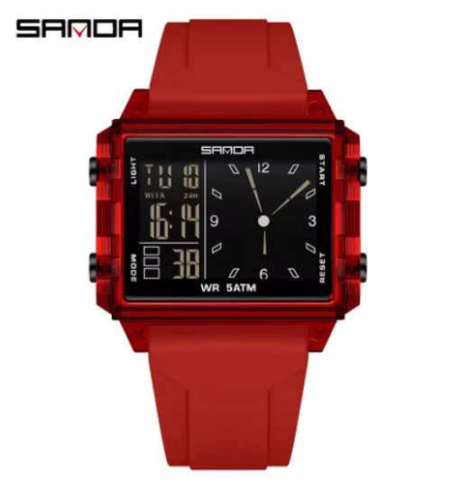 Wristwatch Square Dual Time  Electron Analog Watch  Waterproof Count Down Timer Digital World Time