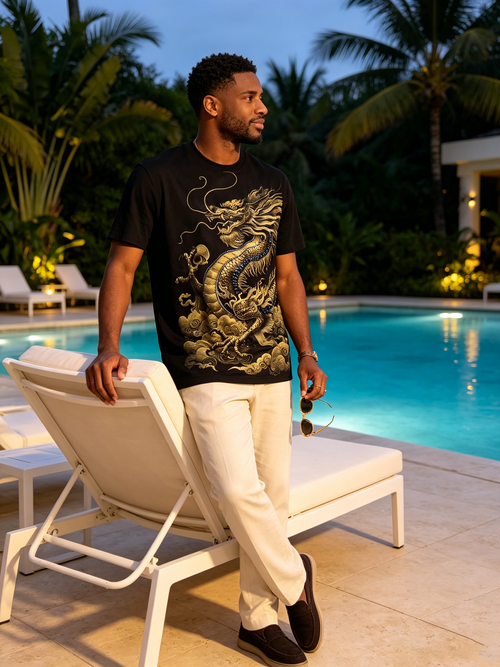Black Gold Dragon Tengyun Pattern Oriental Luxury T-shirt