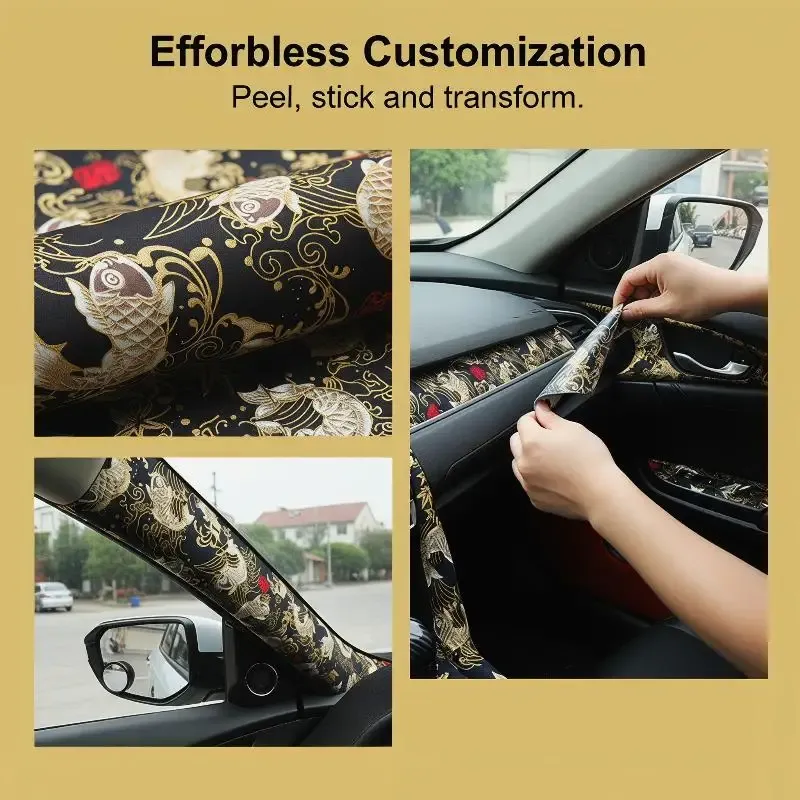 1Pcs High Grade Wear-Resistant Car Dashboard Door Panel Ceiling Decor Fabric Self-Adhesive Black Koi Fish Car Interior Sticker