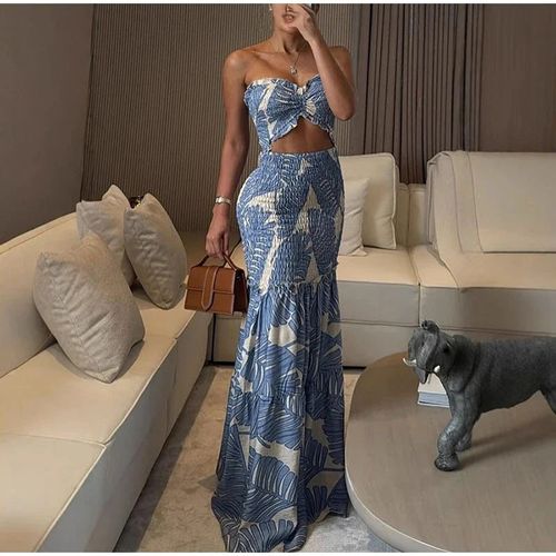 Hollow Out Printed Halter Long Dress Women Backless Off Shoulder Patchwork Ruffle Summer 2025 Dresses Party Vacation Chic Robe