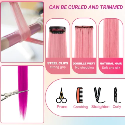 Clip-in Hair Extensions — Multi-Color Highlighted Synthetic Hair — 22-Inch Rainbow Hairpieces — Suitable for Girls, Women, and Children