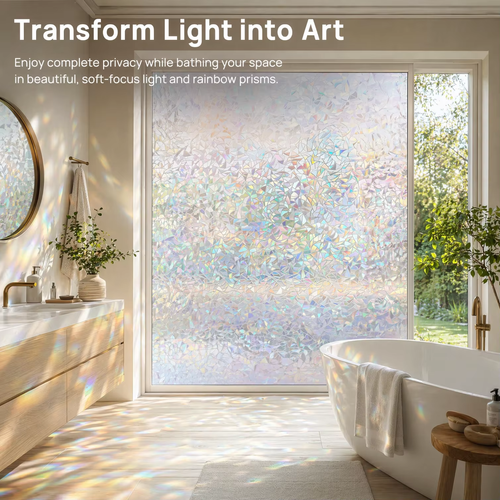 🌈3D Rainbow Privacy Window Film – No-Glue Static Cling Glass Film for Bathroom & Home Windows✨