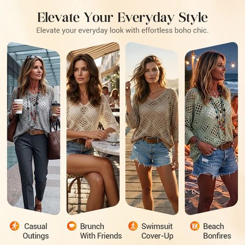 🥰Summer Sale-50% OFF💛Womens Bohemian-Inspired Beige Crochet Top With V-Neck