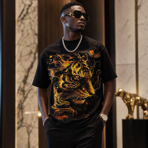 New High-Quality Rhinestone-Embellished Short-Sleeve Tee – Flaming Tiger Design