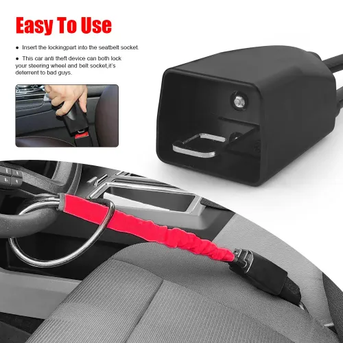 Car Steering Wheel Lock With Seat Belt Socket Steel Rope For Truck SUV Van RV Universal Anti Theft Protection Device