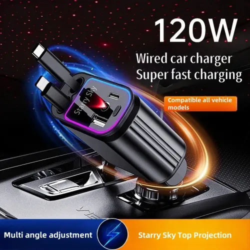 120W 4-in-1 USB-C Fast Car Phone Charger Adapter with 2 USB Ports