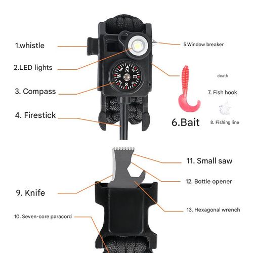 Umbrella rope bracelet, outdoor life-saving supplies, multifunctional small knife, broken window bracelet, LED light, outdoor survival SOS bracelet