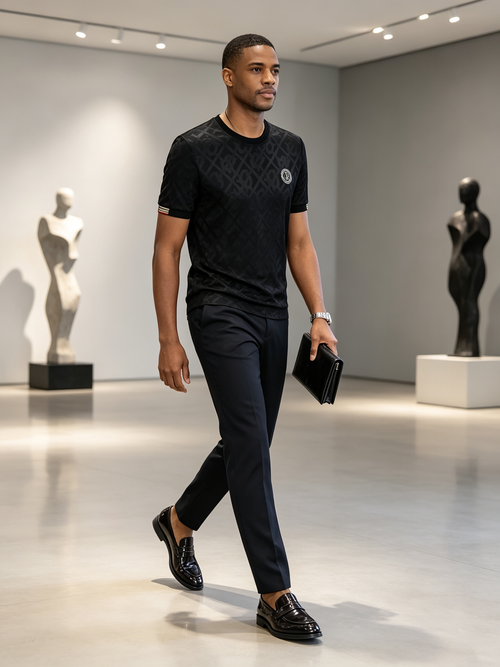 Black textured short sleeved shirt