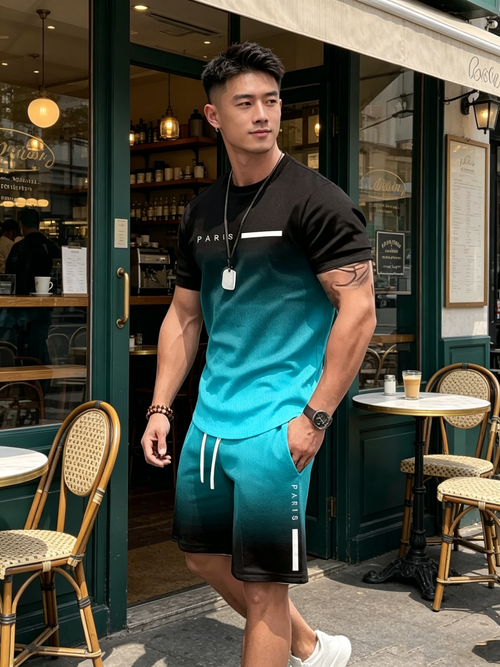 Men's Gradient Color T-Shirt & Shorts Set