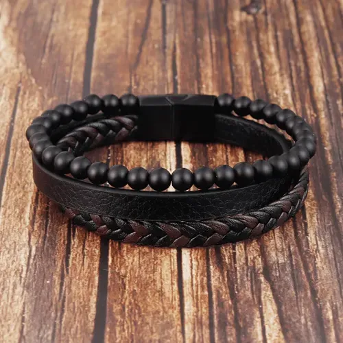Natural Volcanic Stone Beaded Bracelet Multi-Layer Men's Leather Woven Wristband