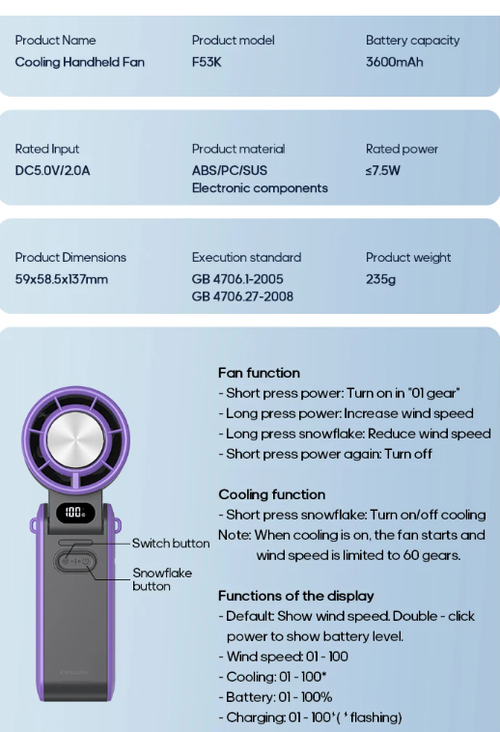 KINSCOTER Outdoor Foldable Portable Handheld Fan Mini Cooling Rechargeable 3600mAh 100-level Free Control High Speed Turbo Fan