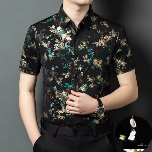 Men Middle Aged Floral Print Mulberry Silk Short Sleeve Shirt Loose Breathable Casual