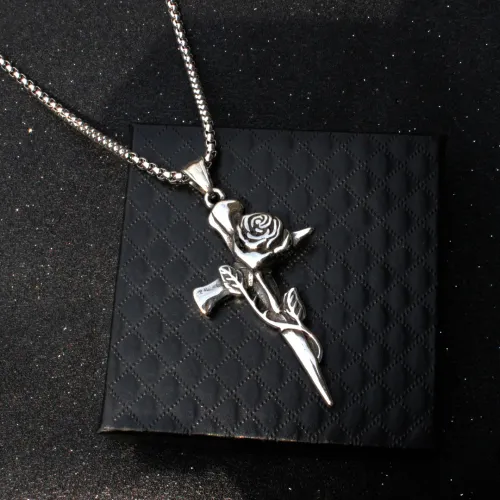 2Pcs His & Her Vintage Rose Cross Pendant Necklace - Perfect Matching Gift Set