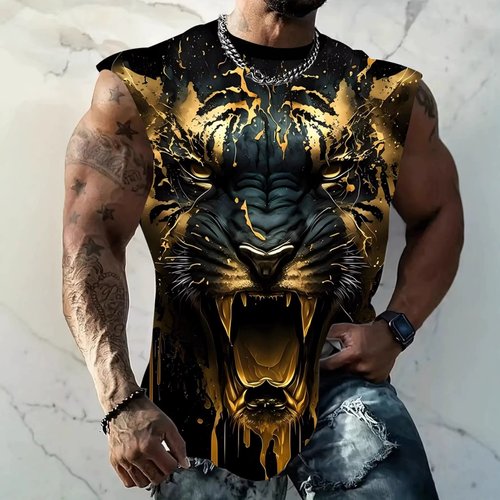 Men's Black Gold Tiger Head Graphic Print Crew Neck Sleeveless Vest