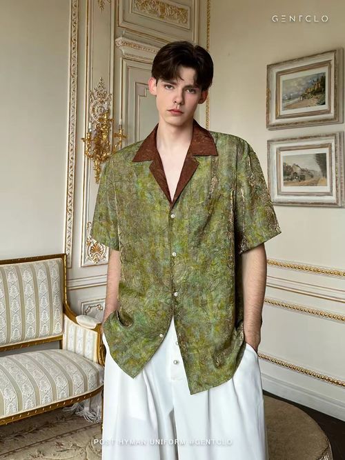 Withered Wood Meets Spring  Green Jacquard Summer Shirt