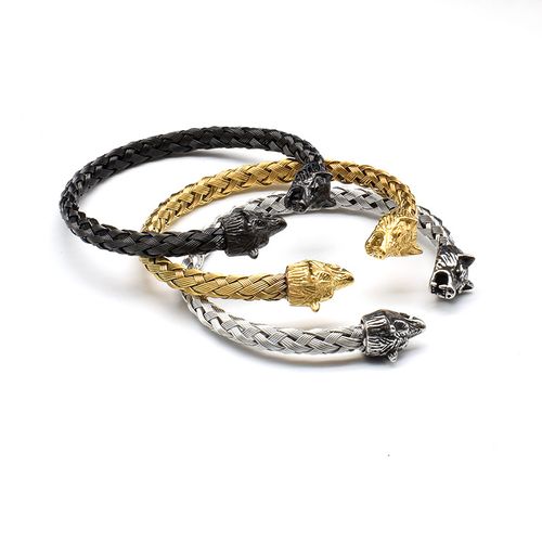 Stainless Steel Skull Open Men's Bracelet Wolf Head Woven Chain Charming Male Wrist Accessories Wholesale Birthday Gift