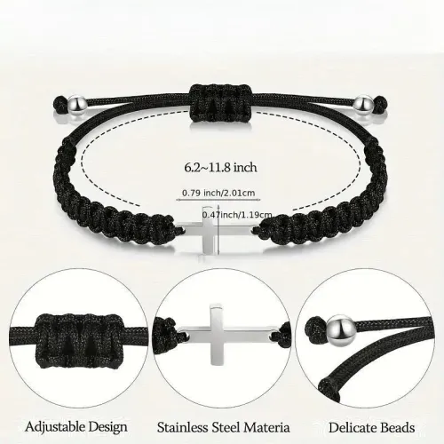 Simple Cross Black White Braided Rope Couple Bracelets Silver Color Adjustable Bracelet Christian Jewelry