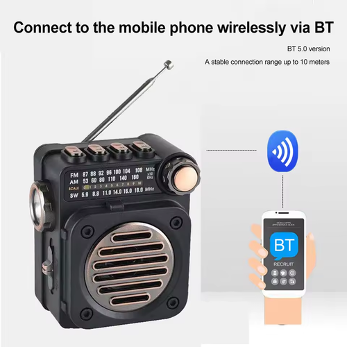 Portable Radio Wireless BT Music Player Pocket Radio with LED Flashlight Mini Radio Receiver for Home or Outdoor