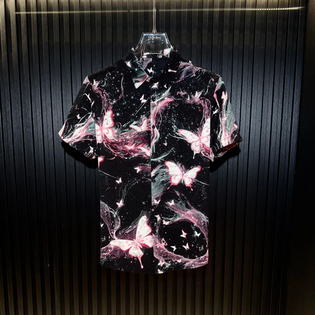Pink Rhinestone-Embellished Butterfly Ice Silk Shirt