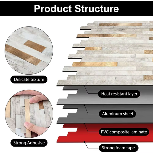 5pcs 11.6×4.13inch Peel and Stick Backsplash Tiles, Mixed Brushed Aluminum Marble Look Wall Tiles,Self Adhesive Stick on Backsplash for Kitchen