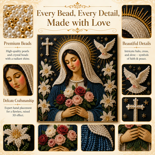 Divine Pearl Bead Virgin Mary Icon – A Peaceful DIY Faith Art Gift 30cm*30cm