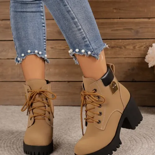 Women Retro Round Toe Chunky Heels Ankle Boots Autumn New High Heels
