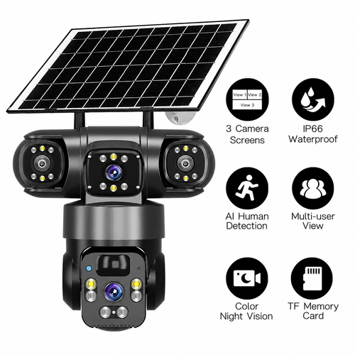 🔥 Solar Powered 3-Lens Outdoor Security Camera – Triple Screen View, AI Human Detection, PTZ Control, Color Night Vision & Two-Way Audio