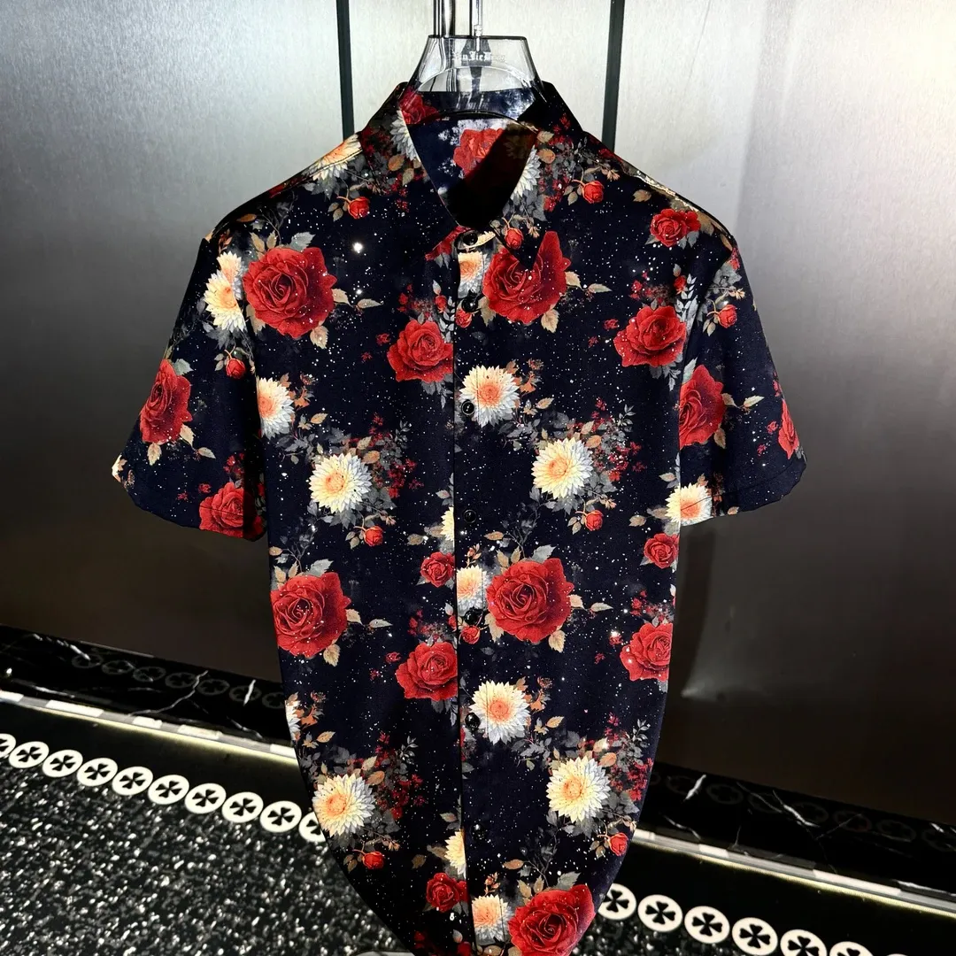 Bright red rose-print ice silk shirt