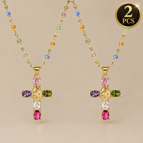 2pcs Fashion Colorful Zircon Cross Pendant Necklace for Women Luxury Crystal Golor Color