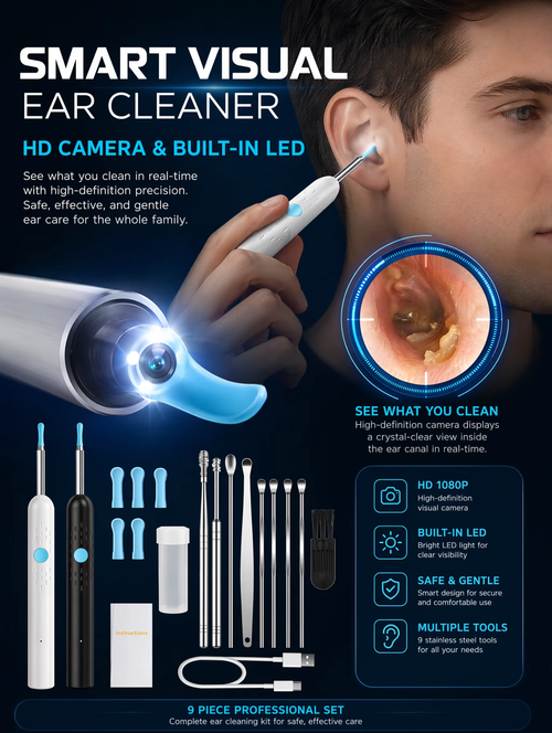 Wireless Visual Ear Cleaner 8MP HD Camera, WiFi Ear Pick Otoscope, 360° Ear Wax Removal Tool , for iPhone Android