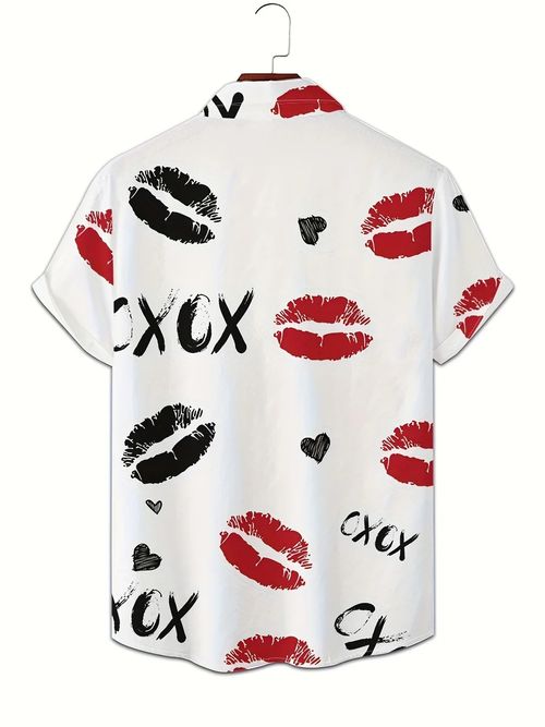 Men's White XOXO Lip Print Short Sleeve Shirt | Romantic Kiss & Heart Graphic Button Down, Casual Summer Top