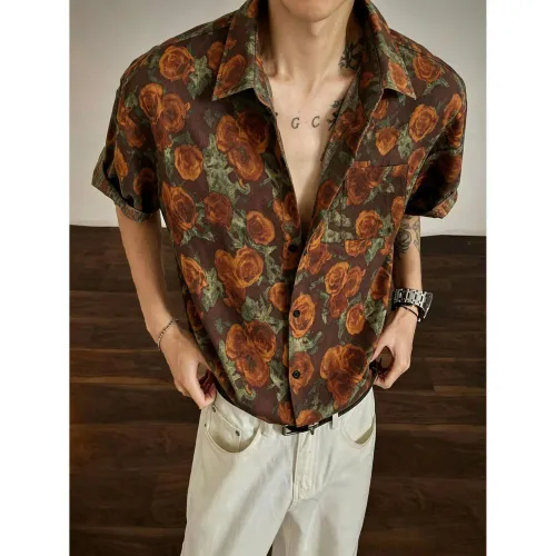 Men's Summer Ice Silk Printed Shirt, Lightweight Breathable Drape Short Sleeve, Vintage