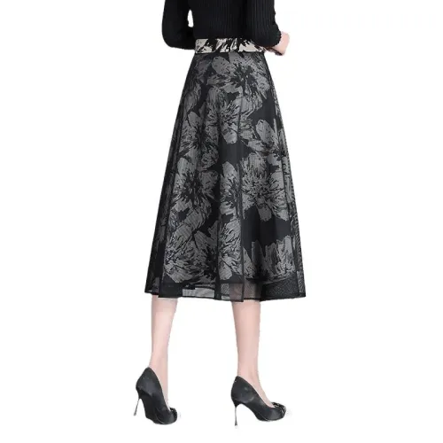 Printed A-Line Midi Skirt One-Piece Tulle Skirt Women's Summer 2025 New High Waist Wide Hem Draping Gauze Skirt