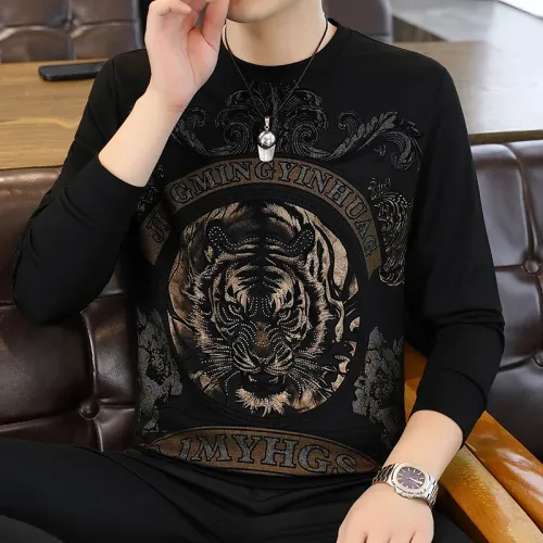 Luxury Rhinestone Tiger Print Sweatshirts for Men Round Neck Long Sleeved Casual Social Sweatshirt Versatile Streetwear Pullover