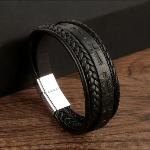 Fashion Cross Leather Rope Bracelet for Men Vintage Woven Leather Bracelet Punk Metal Magnet Buckle Personality Bracelet Jewelry