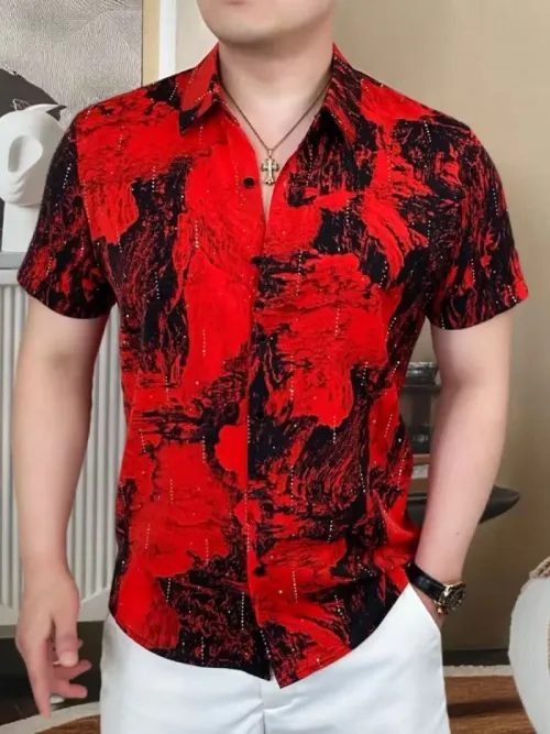 Trendy Summer Tie Dye Ice Silk Short Sleeved Shirt for Men Thin Breathable Casual Social Shirts Fashion Business Office Shirt