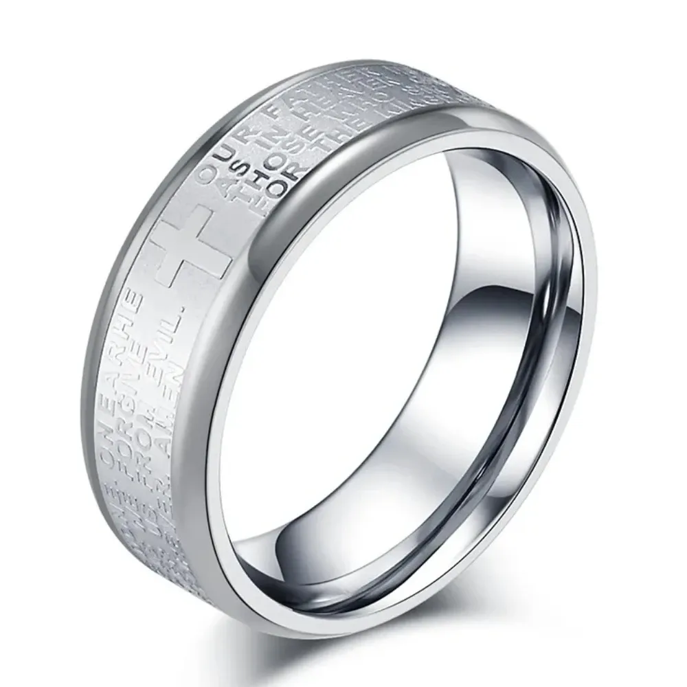 Vintage Cross Scripture Ring Fashionable Men's Stainless Steel Prayer Talisman Rings Catholic Faith Jewelry Gifts