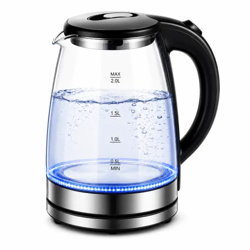 2.0L Glass Electric Kettle, BPA‑Free Borosilicate Glass Water Boiler with Blue LED Light, Auto Shut‑Off Boil Dry Protection Electric Water Heater for Home Kitchen