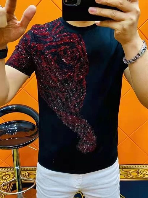 Men's Red Short-Sleeve Ice Silk Top Featuring a Descending Tiger Design