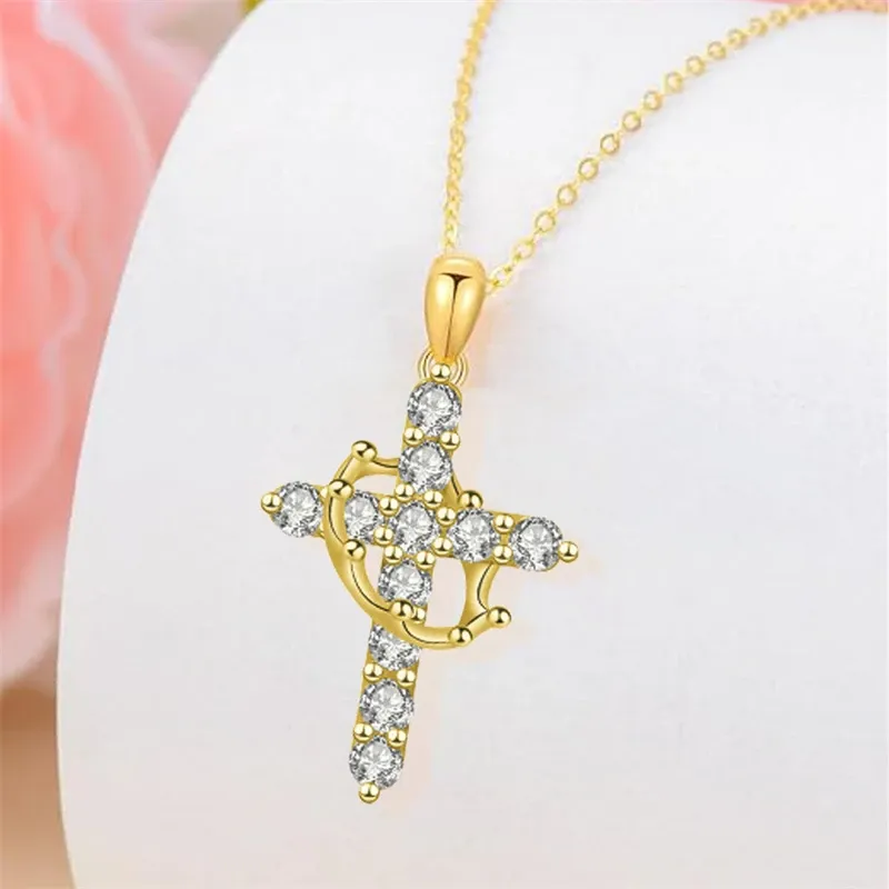 3PCS Delicate Rotatable Crown Zircon Cross Pendant Necklace for Women Stainless Steel Chain Birthstone Necklace Jewelry Birthday Gift