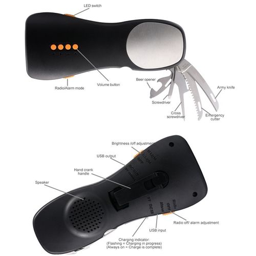 Outdoor multifunctional tool knife radio hand cranked flashlight emergency mobile power alarm lighting