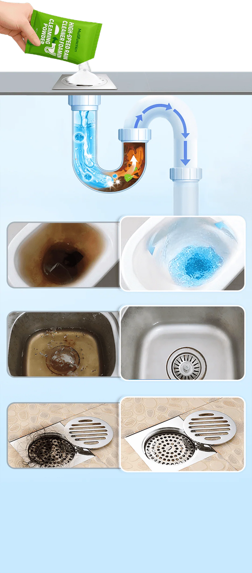 5pcs This drain cleaner features a high-speed formula and is rich in active oxygen bubbles, effectively dissolving grease and blockages in kitchen sinks and toilets. It is a powerful pipe cleaning product.