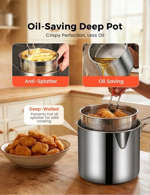 Deep Fryer Pot 304 Stainless Steel Fry Pot with Basket and Lid Food Grade Deep Fryer Multifunctional Deep Frying Pot
