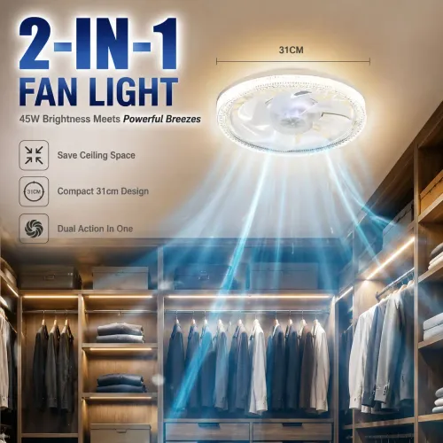 2-in-1 E27 ceiling fan with LED light, remote control, dimmable, intelligent fan light 50W Acrylic White Crystal Diamond